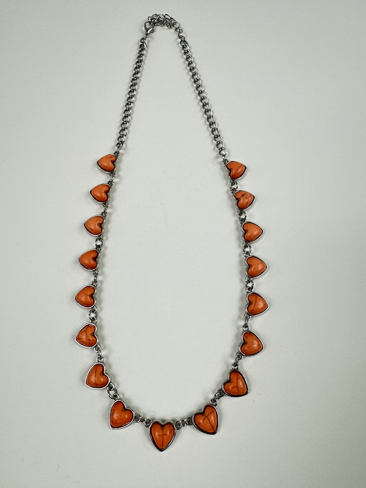 Fashion Jewelry Silver Toned Chain with Orange Heart Stones Women's Necklace