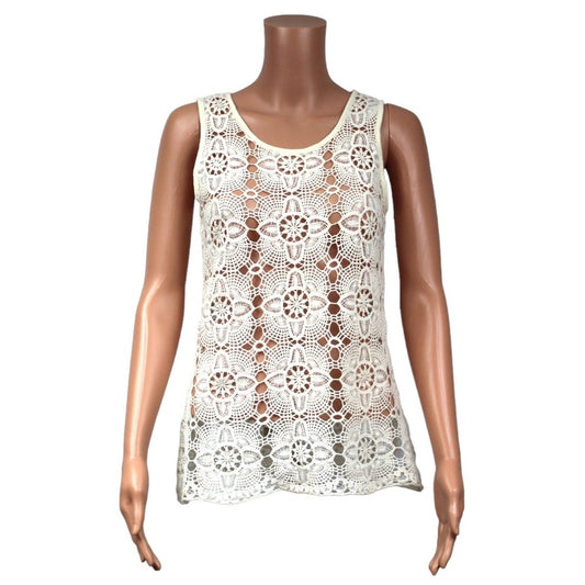 Valerie Bertinelli Small White Cotton Crochet Lace Floral Tank Top - Image 1
