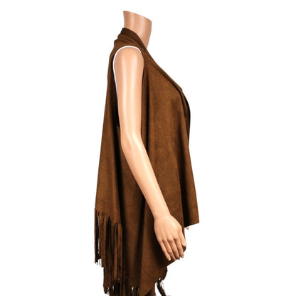 Umgee Small Brown Polyester Suede-Like Fringe Vest Sleeveless Open Front - Image 2