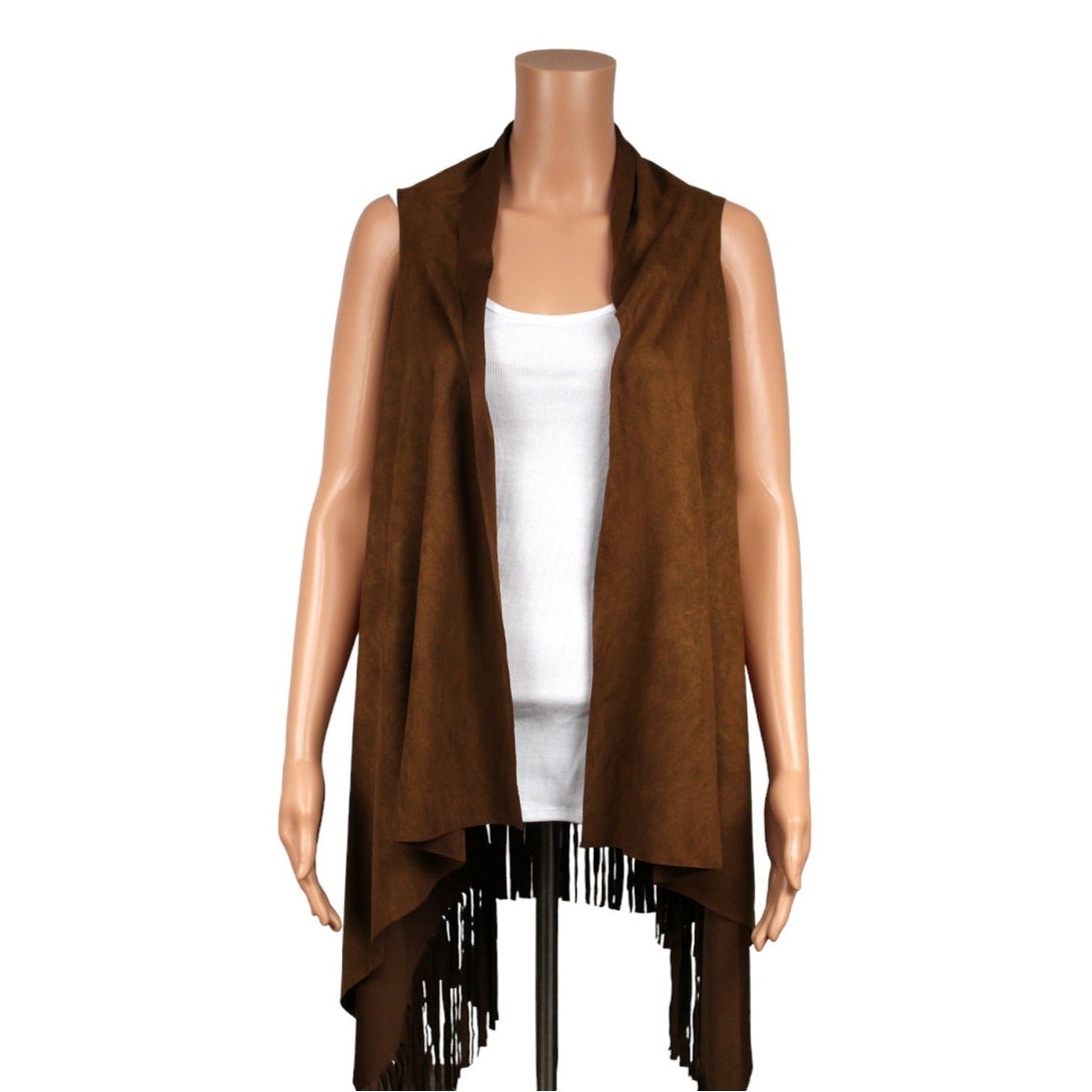Umgee Small Brown Polyester Suede-Like Fringe Vest Sleeveless Open Front - Image 1