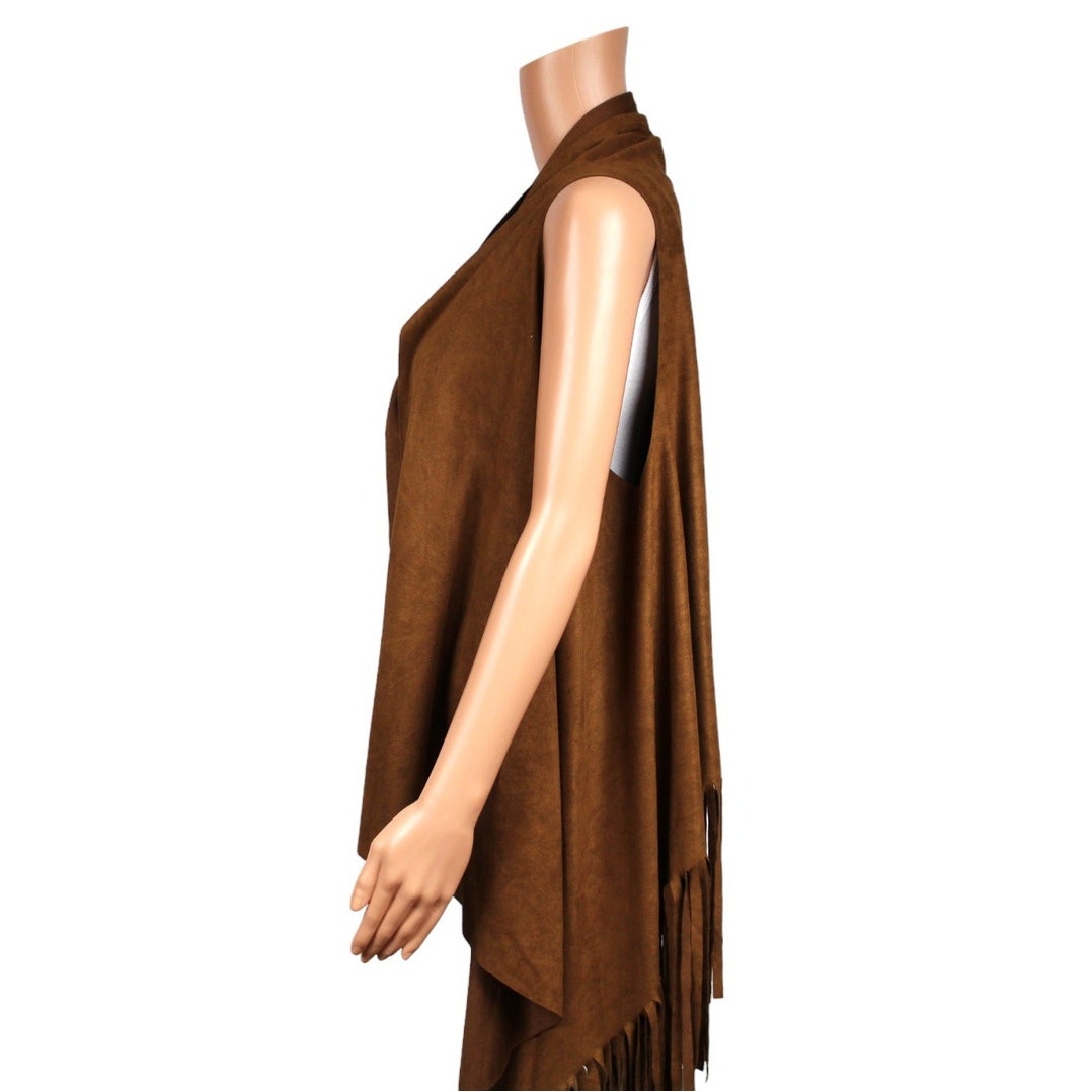 Umgee Small Brown Polyester Suede-Like Fringe Vest Sleeveless Open Front - Image 4