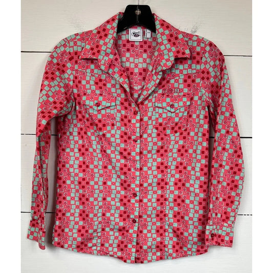 Cruel Girl Pink Green Button Up Shirt Girl's XL (12) - Image 1