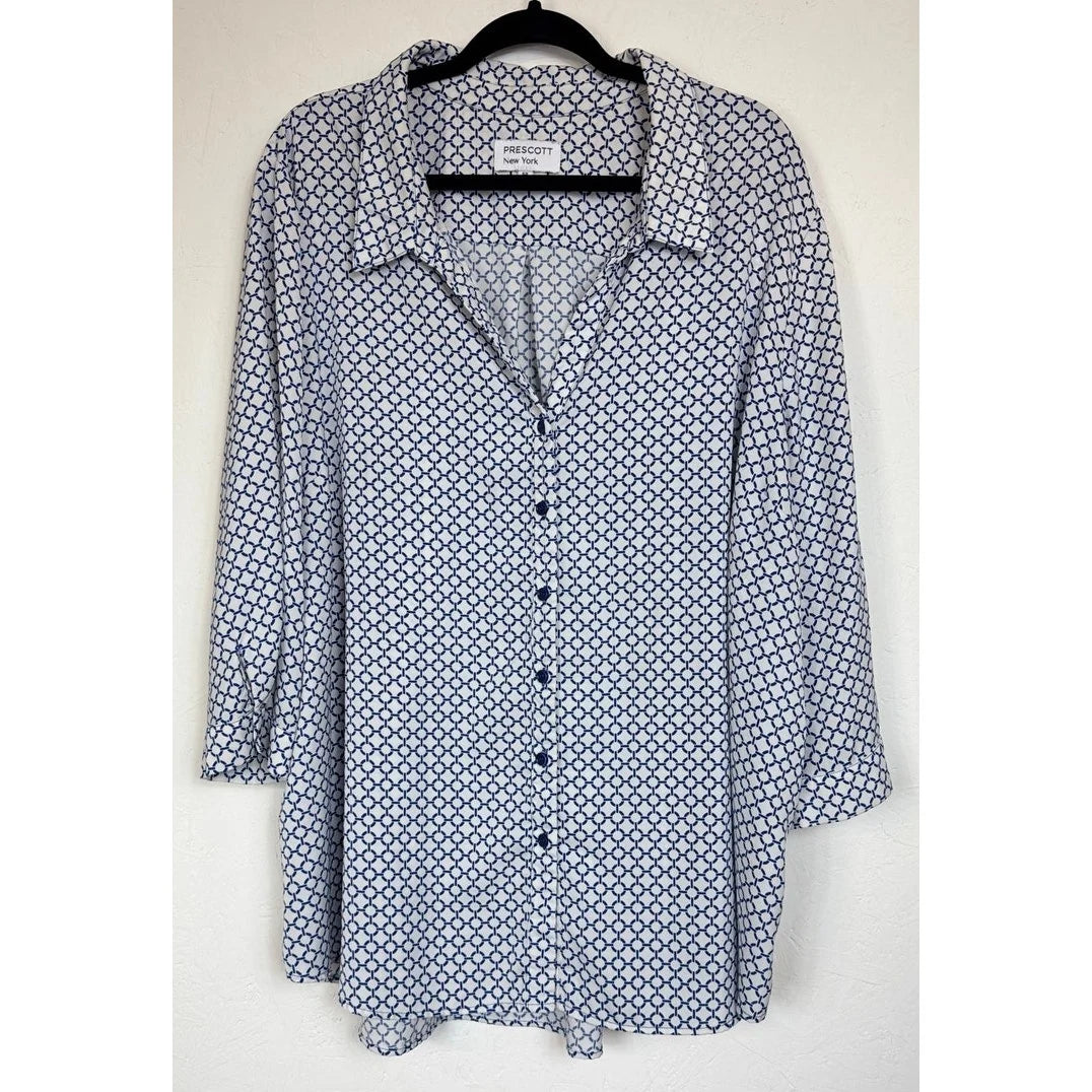 Prescott New York White & Blue 3/4 Sleeve Button Up Blouse Women's 5X - Image 1