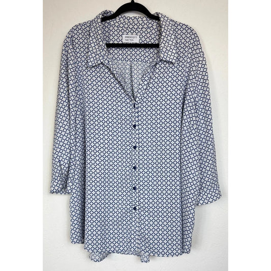Prescott New York White & Blue 3/4 Sleeve Button Up Blouse Women's 5X - Image 1