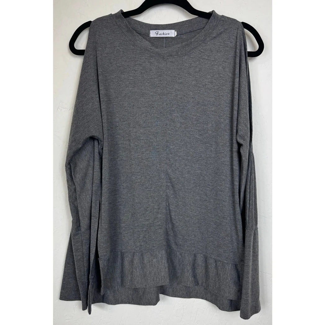 Fashion Gray Cold Shoulder Long Sleeve Blouse Women's Large - Image 1