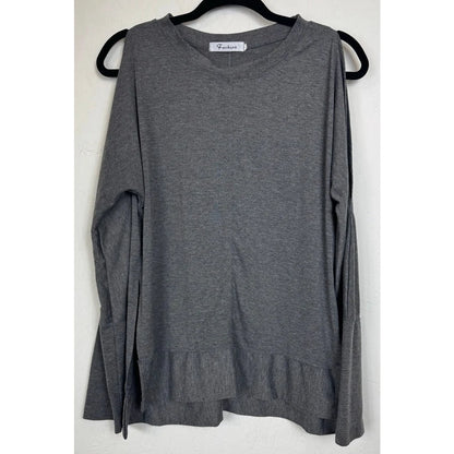 Fashion Gray Cold Shoulder Long Sleeve Blouse Women's Large - Image 1