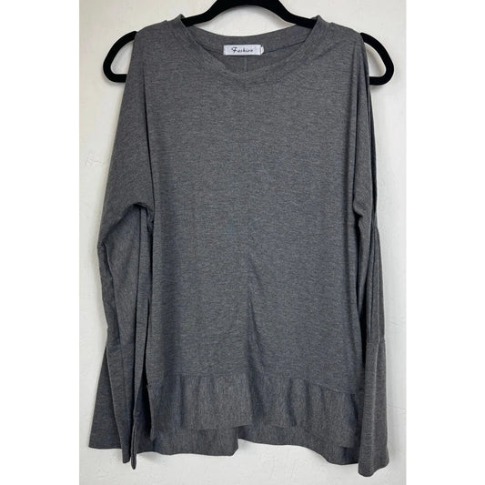 Fashion Gray Cold Shoulder Long Sleeve Blouse Women's Large - Image 1