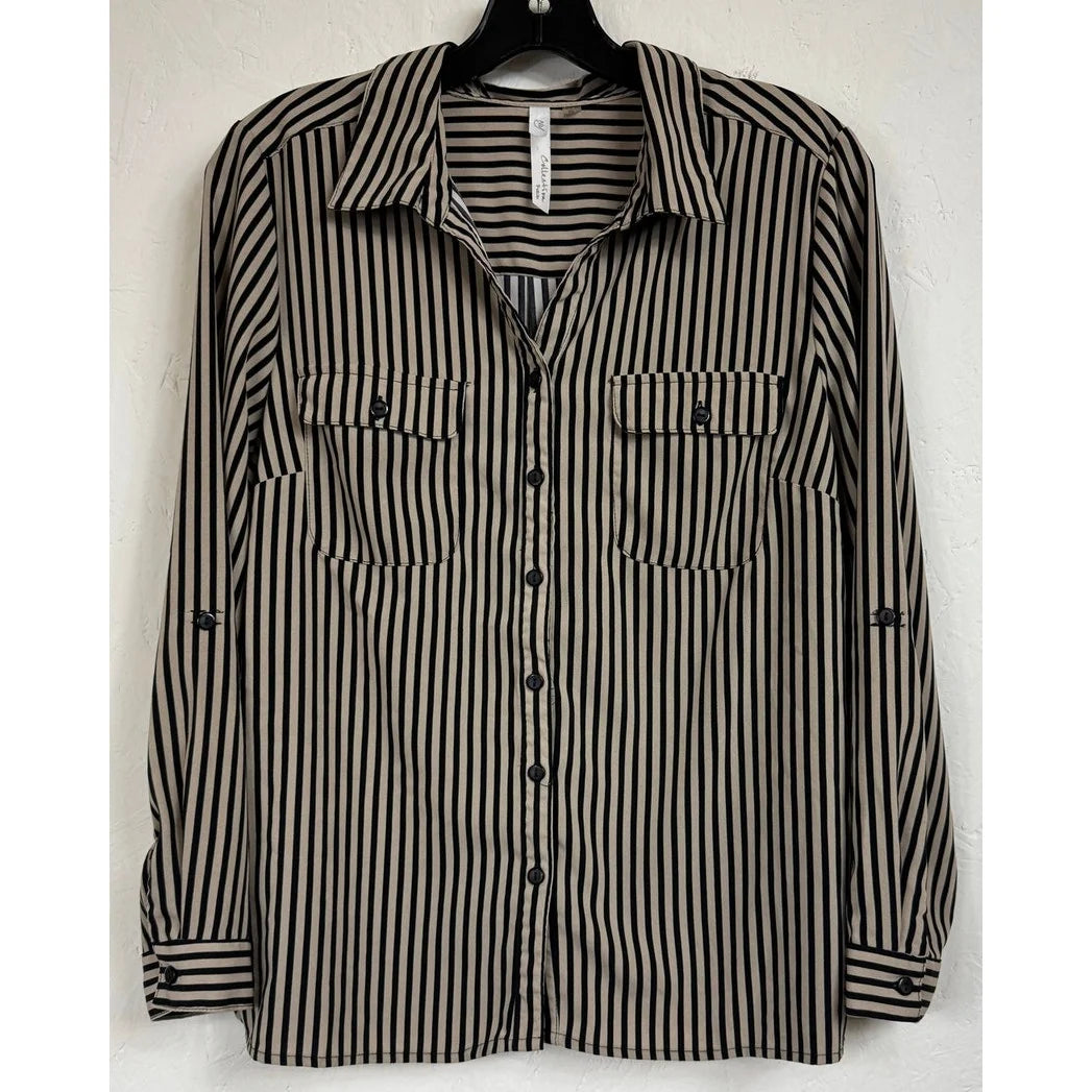Ny Collection Beige & Black Button Up Long Sleeve Blouse Women's Large Petite - Image 1
