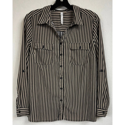 Ny Collection Beige & Black Button Up Long Sleeve Blouse Women's Large Petite - Image 1