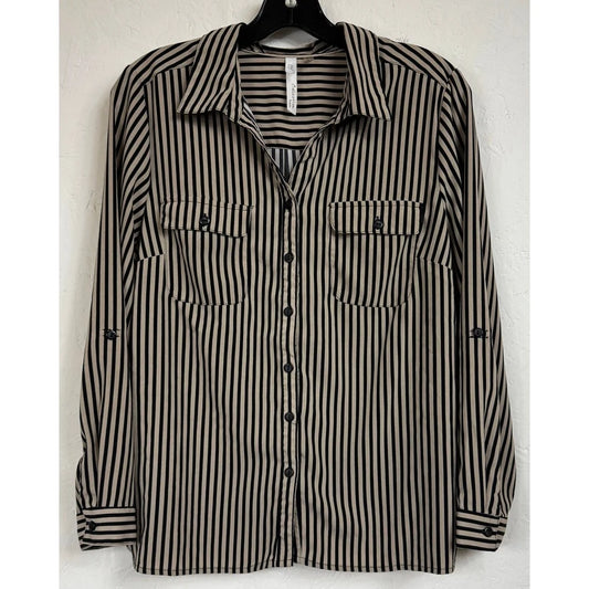 Ny Collection Beige & Black Button Up Long Sleeve Blouse Women's Large Petite - Image 1