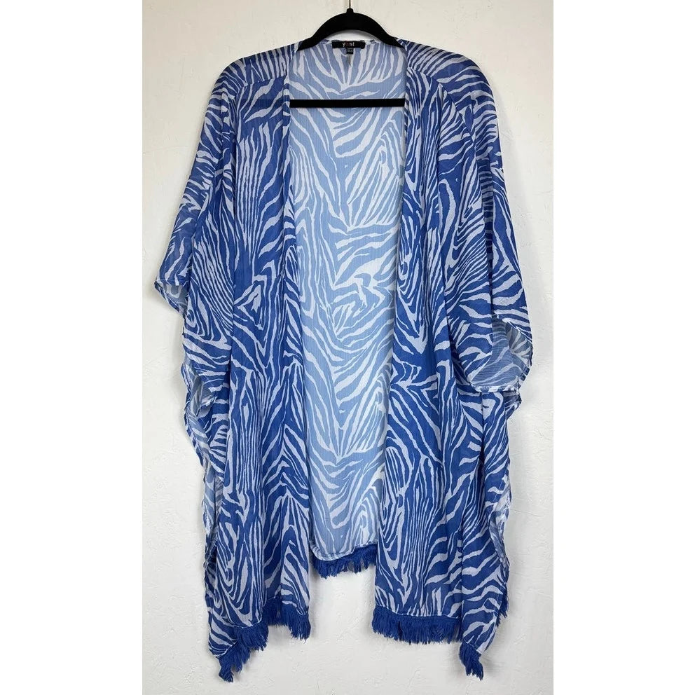 Yest Blue & White Open Short Sleeve Kimono Women's Large - Image 1