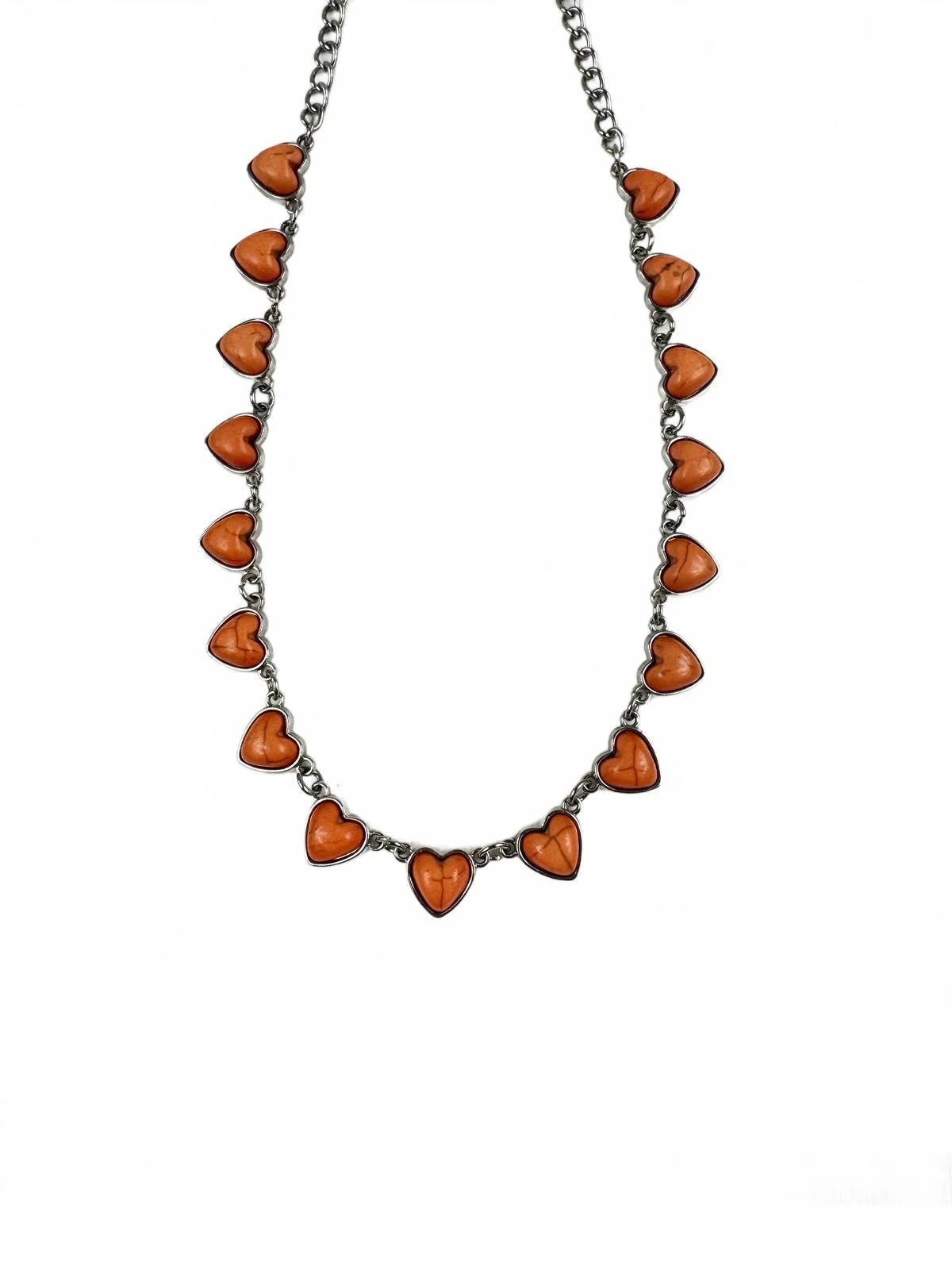 Fashion Jewelry Silver Toned Chain with Orange Heart Stones Women's Necklace - Image 1