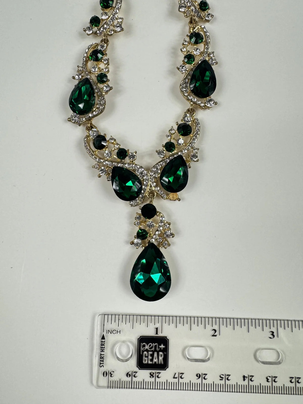 Fashion Jewelry Gold Toned Necklace Green & White Rhinestones Women's Necklace - Image 3