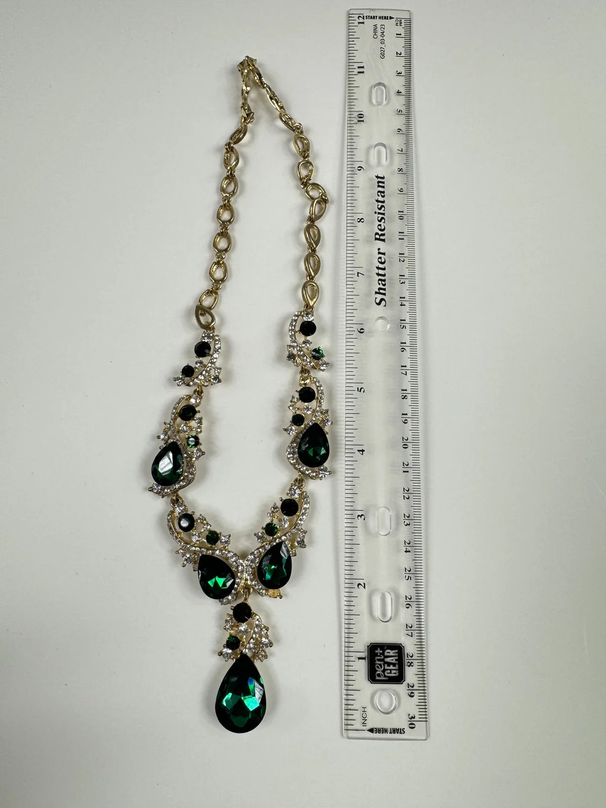 Fashion Jewelry Gold Toned Necklace Green & White Rhinestones Women's Necklace - Image 4