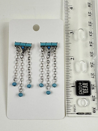 Fashion Jewelry Silver & Turquoise Tone Fringe Earrings - Image 2