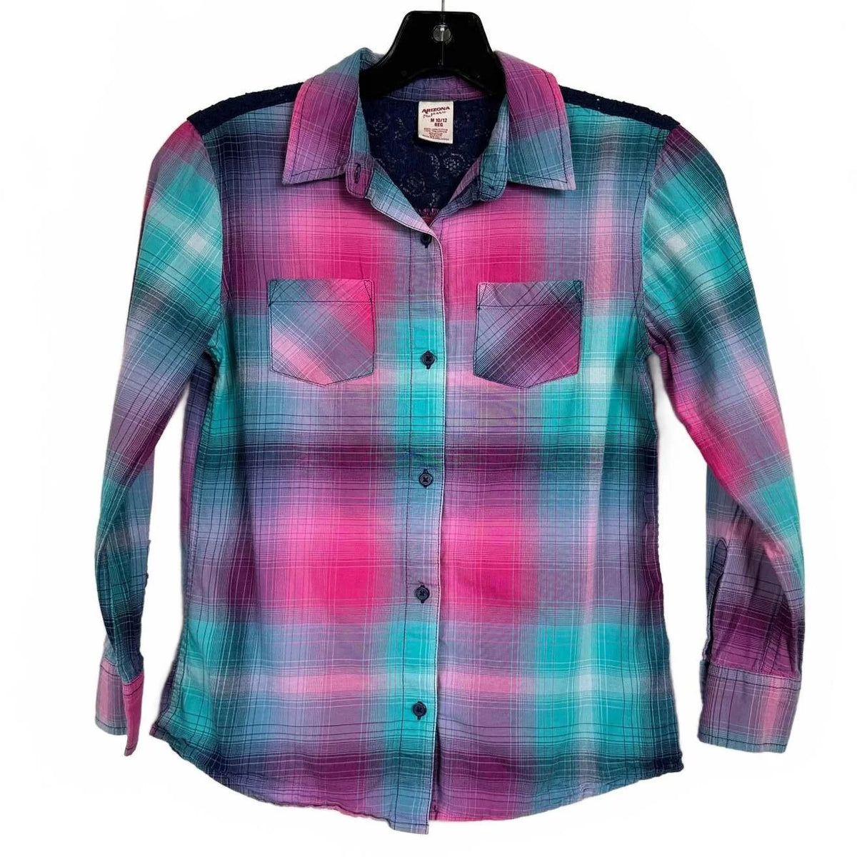 Arizona Jeans Pink And Blue Long Sleeve Buton Up Blouse Girl's Size Medium - Image 1