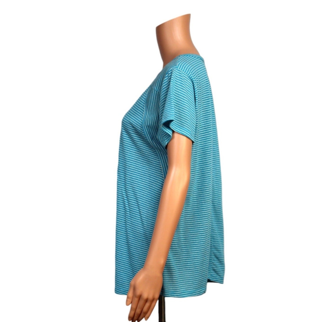 Umgee Medium Blue Striped Short Sleeve Top Cotton Polyester Linen - Image 2