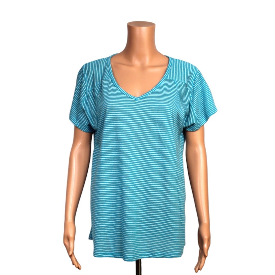 Umgee Medium Blue Striped Short Sleeve Top Cotton Polyester Linen - Image 1