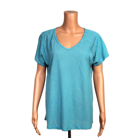 Umgee Medium Blue Striped Short Sleeve Top Cotton Polyester Linen - Image 1