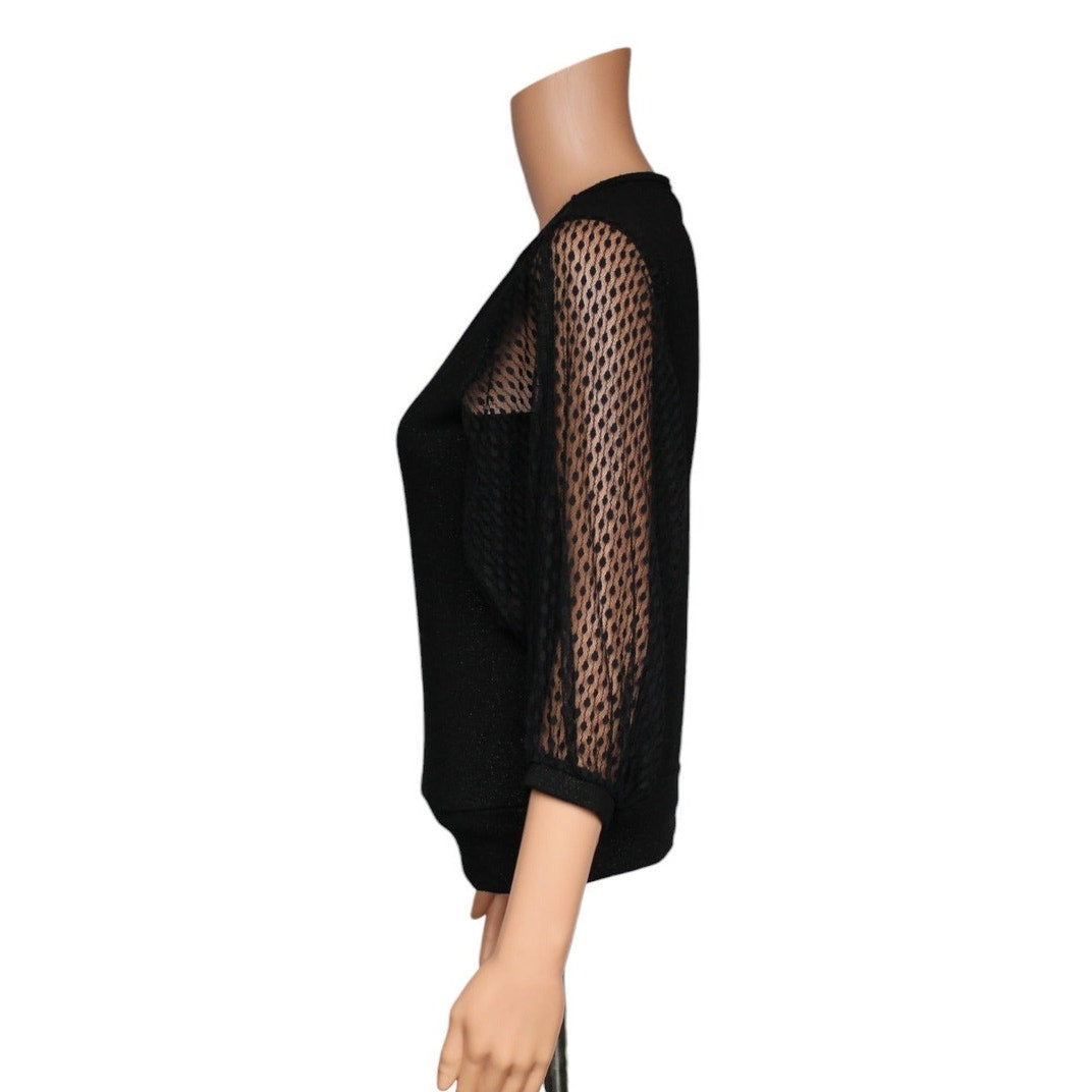 BCX Women's Small Black Lace Sheer Sleeve Top Gold Blend Made in USA - Image 2