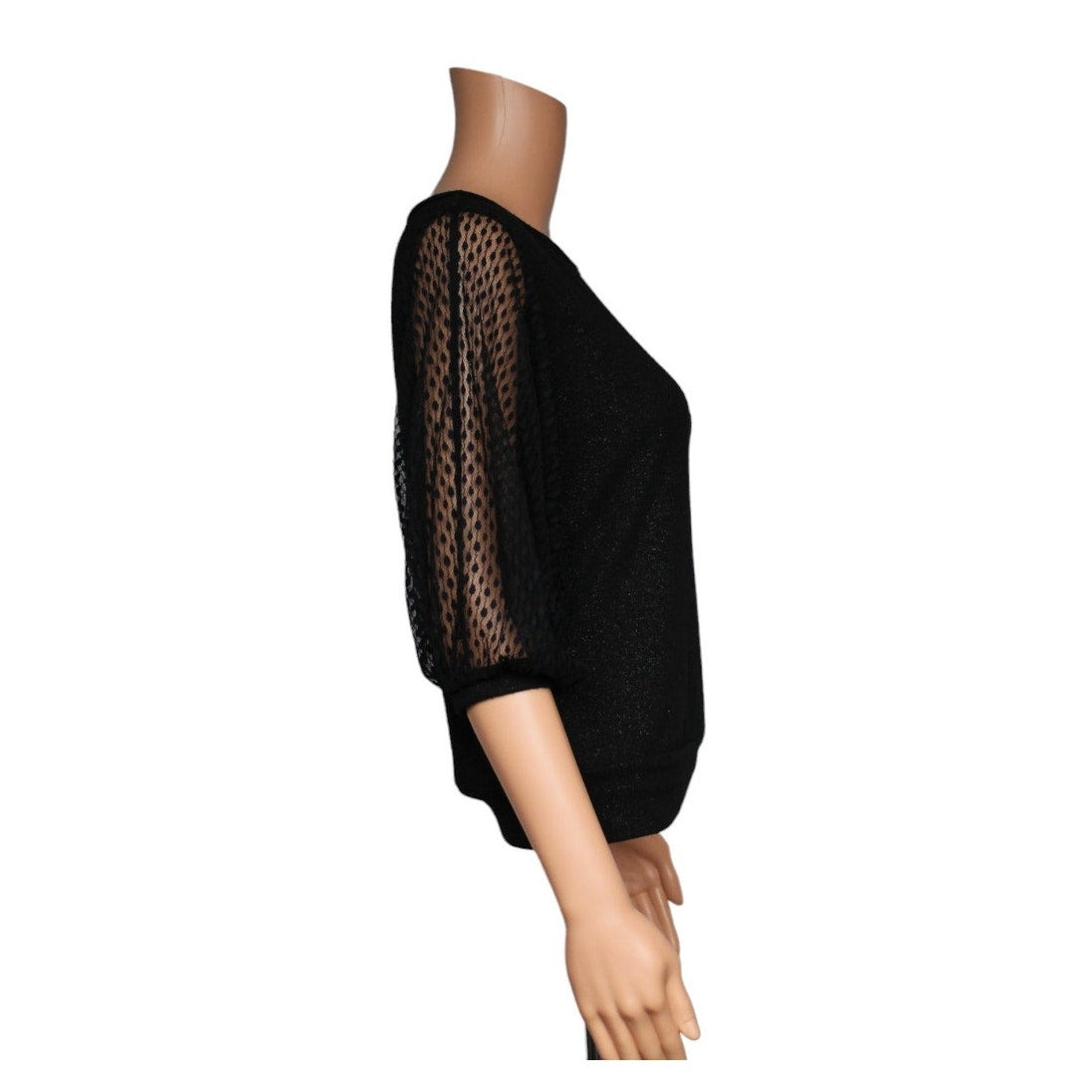 BCX Women's Small Black Lace Sheer Sleeve Top Gold Blend Made in USA - Image 4