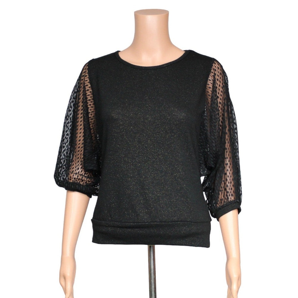 BCX Women's Small Black Lace Sheer Sleeve Top Gold Blend Made in USA - Image 1