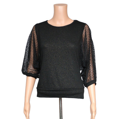 BCX Women's Small Black Lace Sheer Sleeve Top Gold Blend Made in USA - Image 1