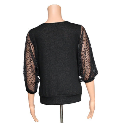 BCX Women's Small Black Lace Sheer Sleeve Top Gold Blend Made in USA - Image 3