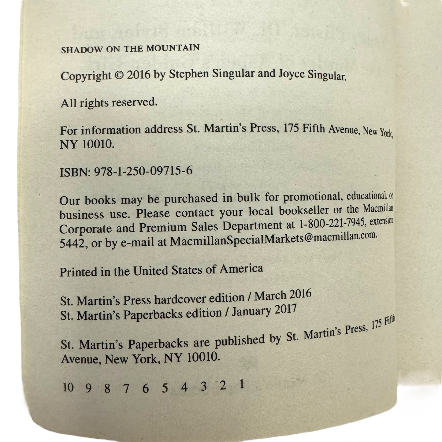 Shadow on the Mountain by Stephen & Joyce Singular (Paperback)