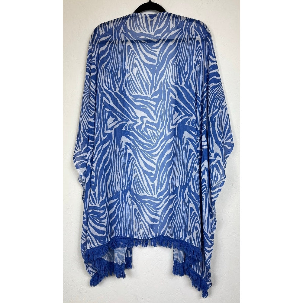Yest Blue & White Open Short Sleeve Kimono Women's Large