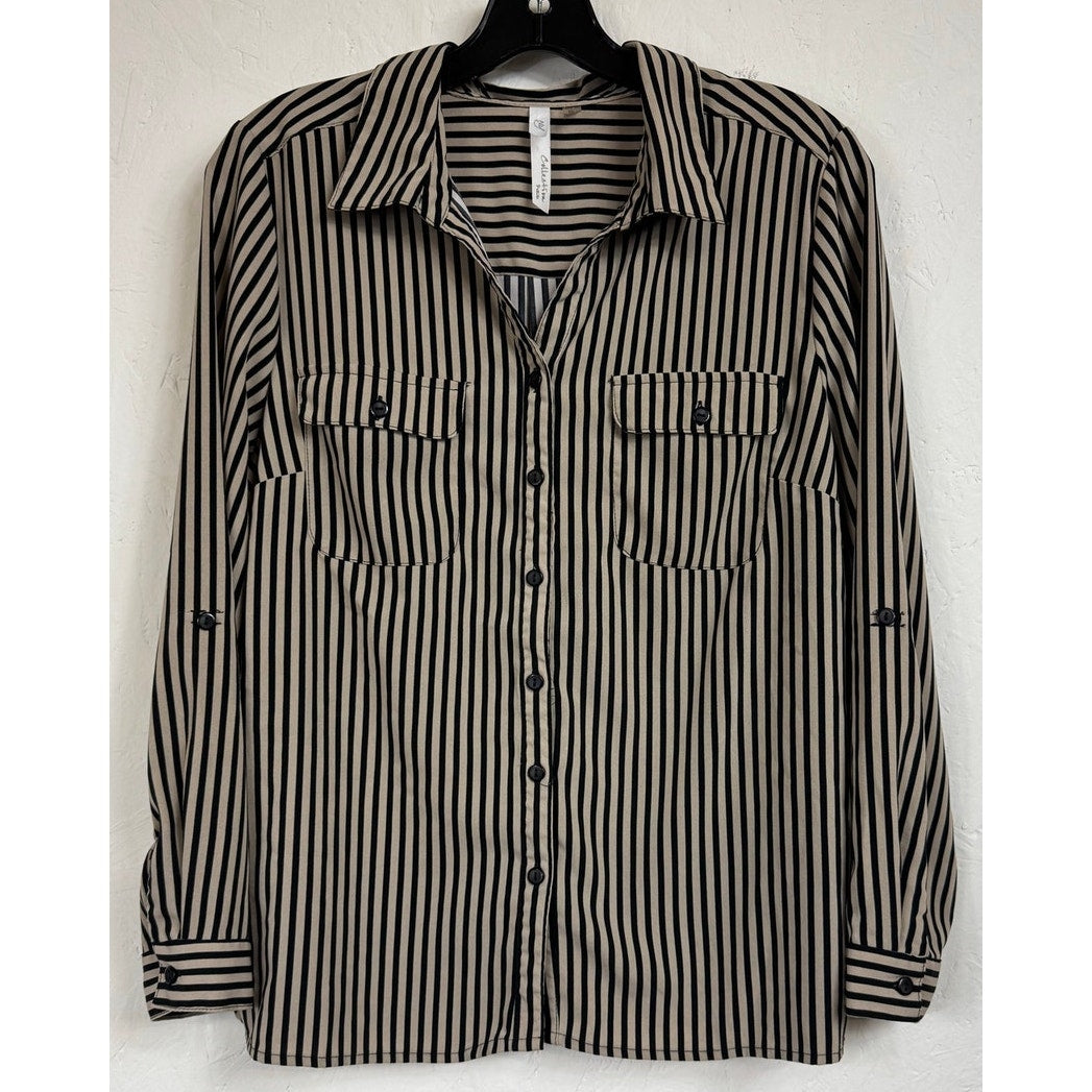 Ny Collection Beige & Black Button Up Long Sleeve Blouse Women's Large Petite