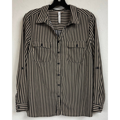Ny Collection Beige & Black Button Up Long Sleeve Blouse Women's Large Petite
