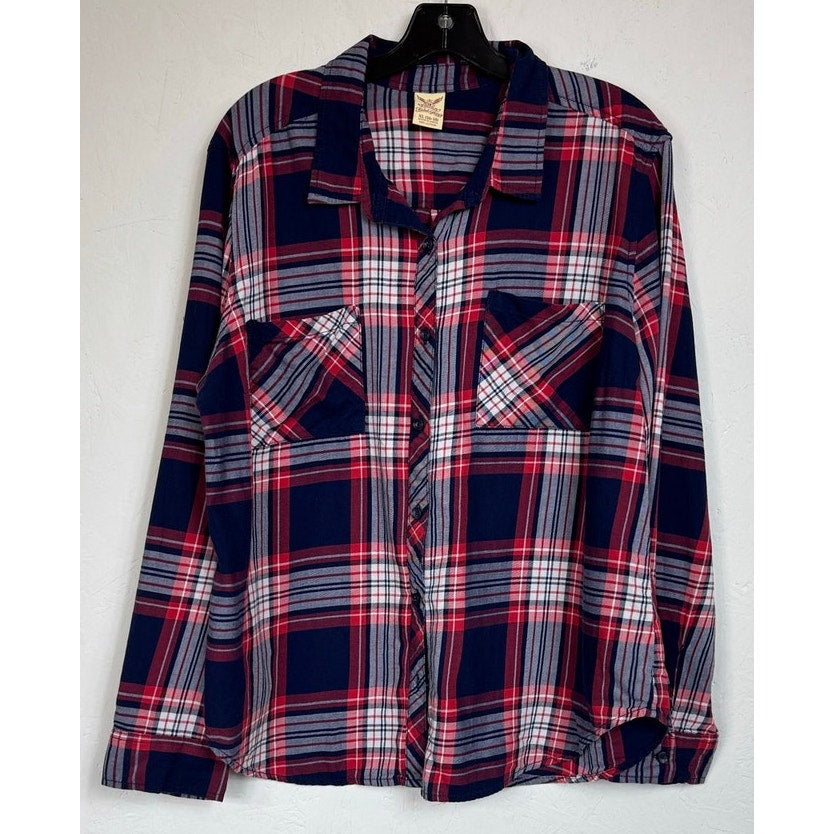 Faded Glory Blue & Red Long Sleeve Button Up Shirt Women's XL