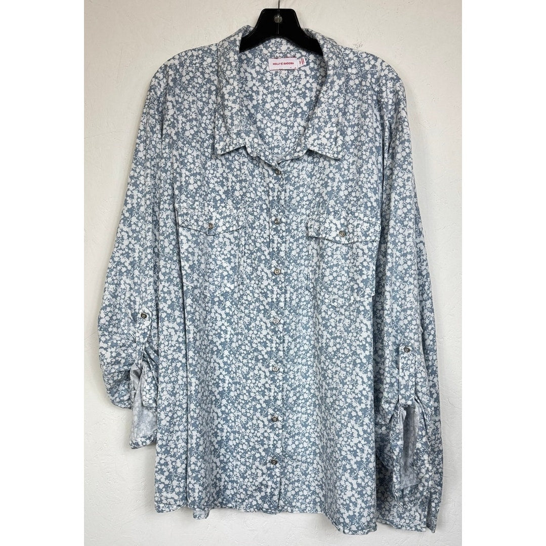 Molly Isadora White & Blue Long Sleeve Button Up Blouse Women's 5X