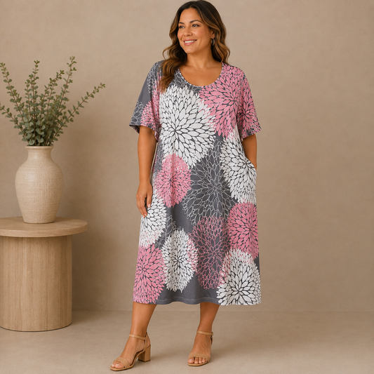 Gray & Pink Short Sleeve Midi Dress Women's 4XL
