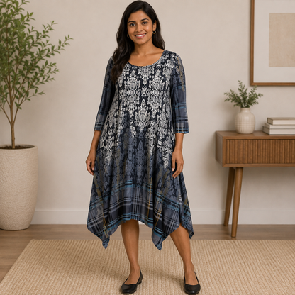 R&B Collections Blue 3/4 Sleeve Knee-length Dress Women's Size Large