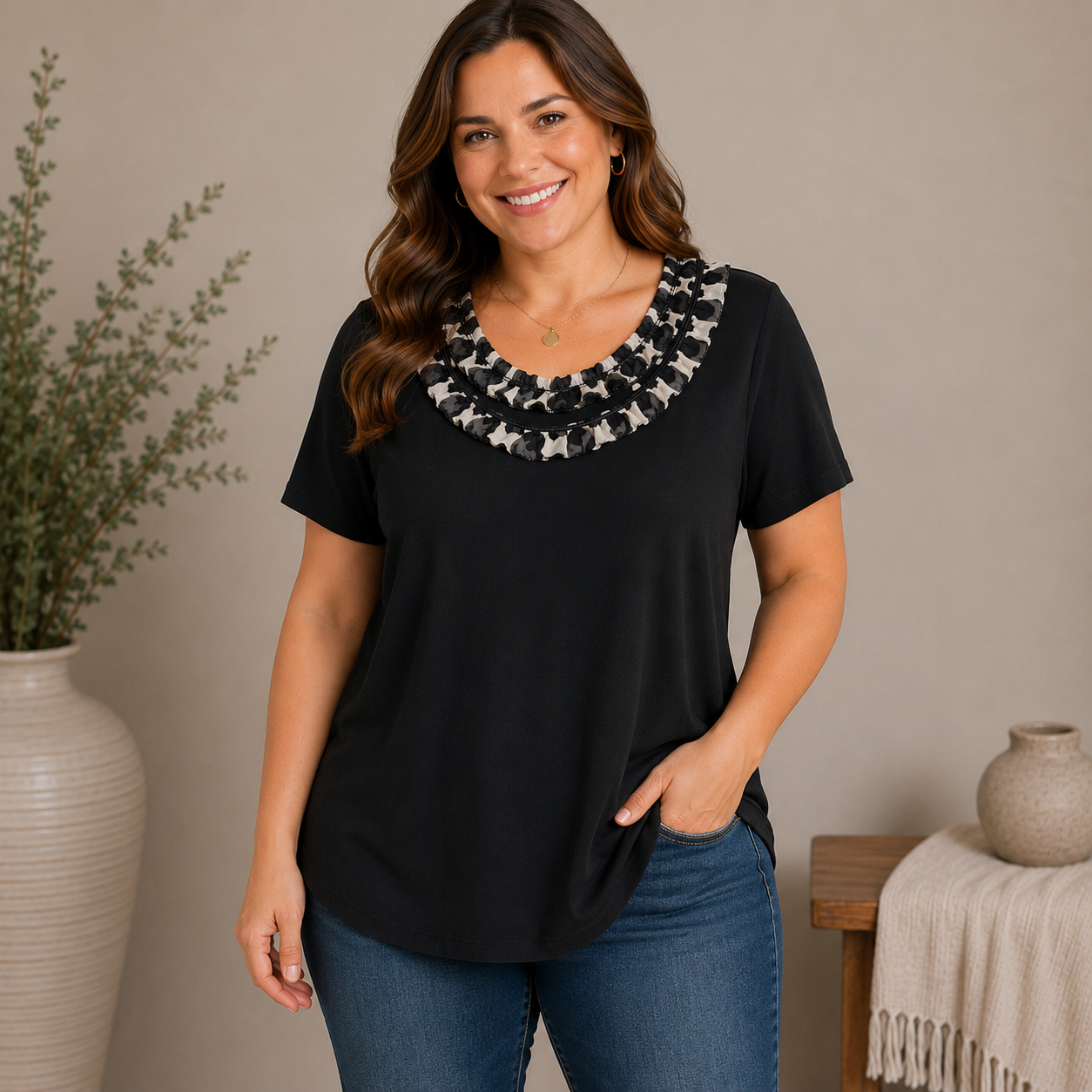 Investments Black Short Sleeve Blouse Women's 1X
