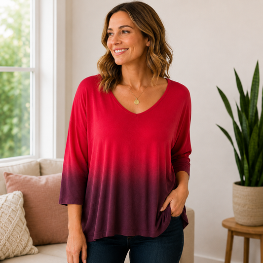 Tee Shop Red & Purple 3/4 Sleeve Blouse Women's XL