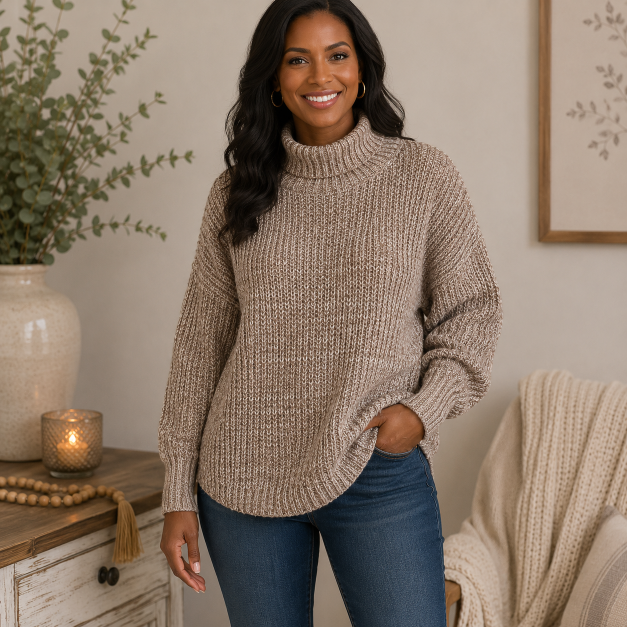 Shein Beige and Browm Long Sleeve Turtleneck Sweater Women's Size Large