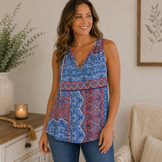 St. Tropez West Blue and Pink Sleeveless Blouse Women's Size Large