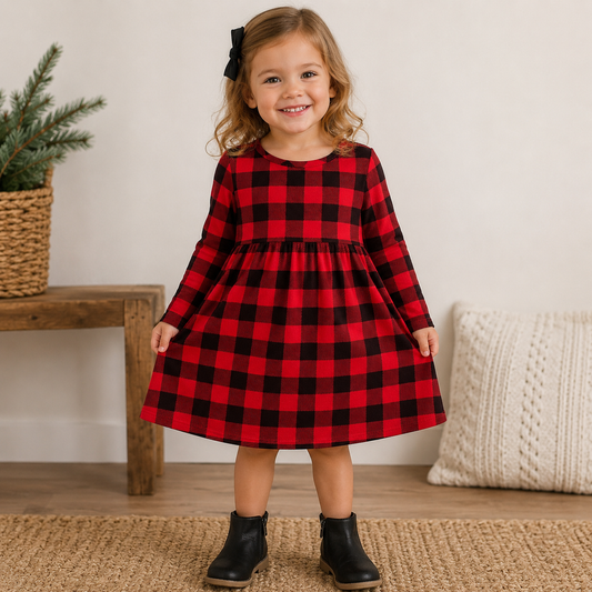 Wonder Nation Red & Black Long Sleeve Knee Length Dress Girl's 3t