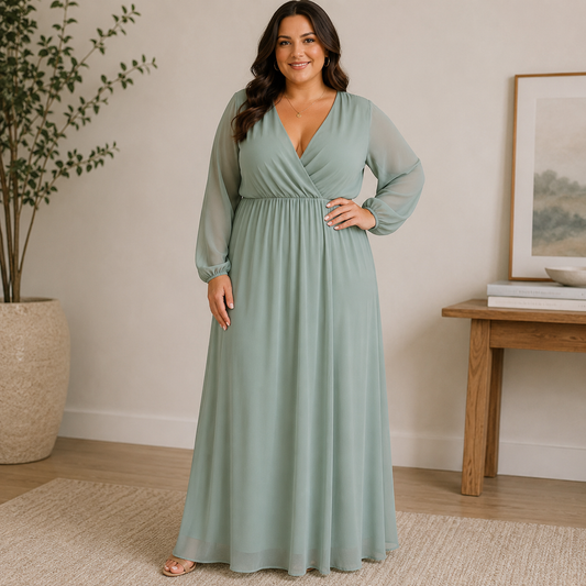 Marina Green Long Sleeve V-neck Formal Dress Women's 18W