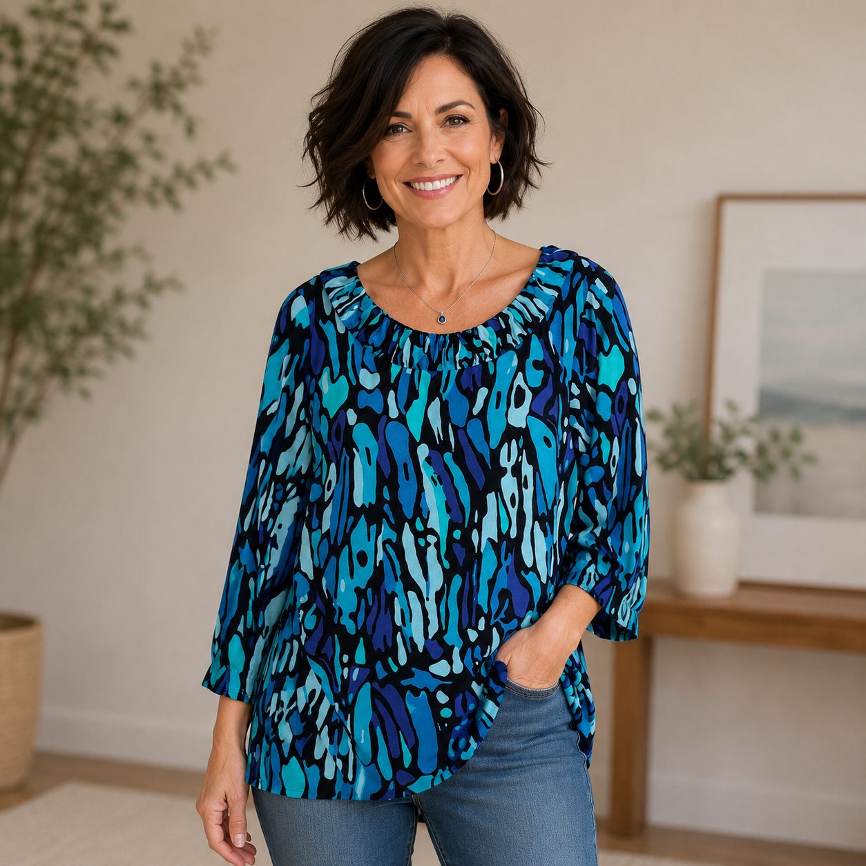 Style & Co. Blue 3/4 Sleeve Blouse Women's Large