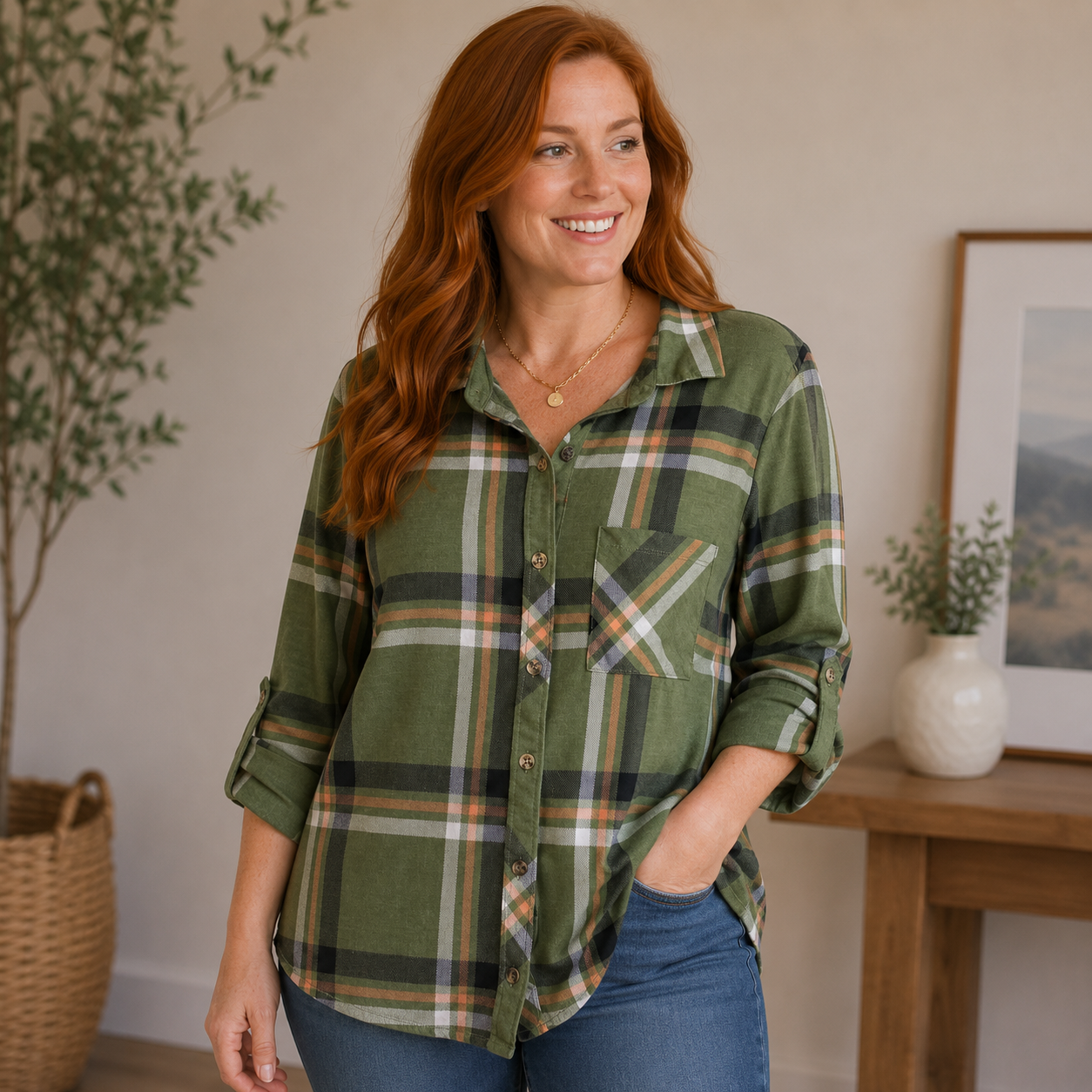 Just Be ... Green Long Sleeve Button Up Blouse Women's Small