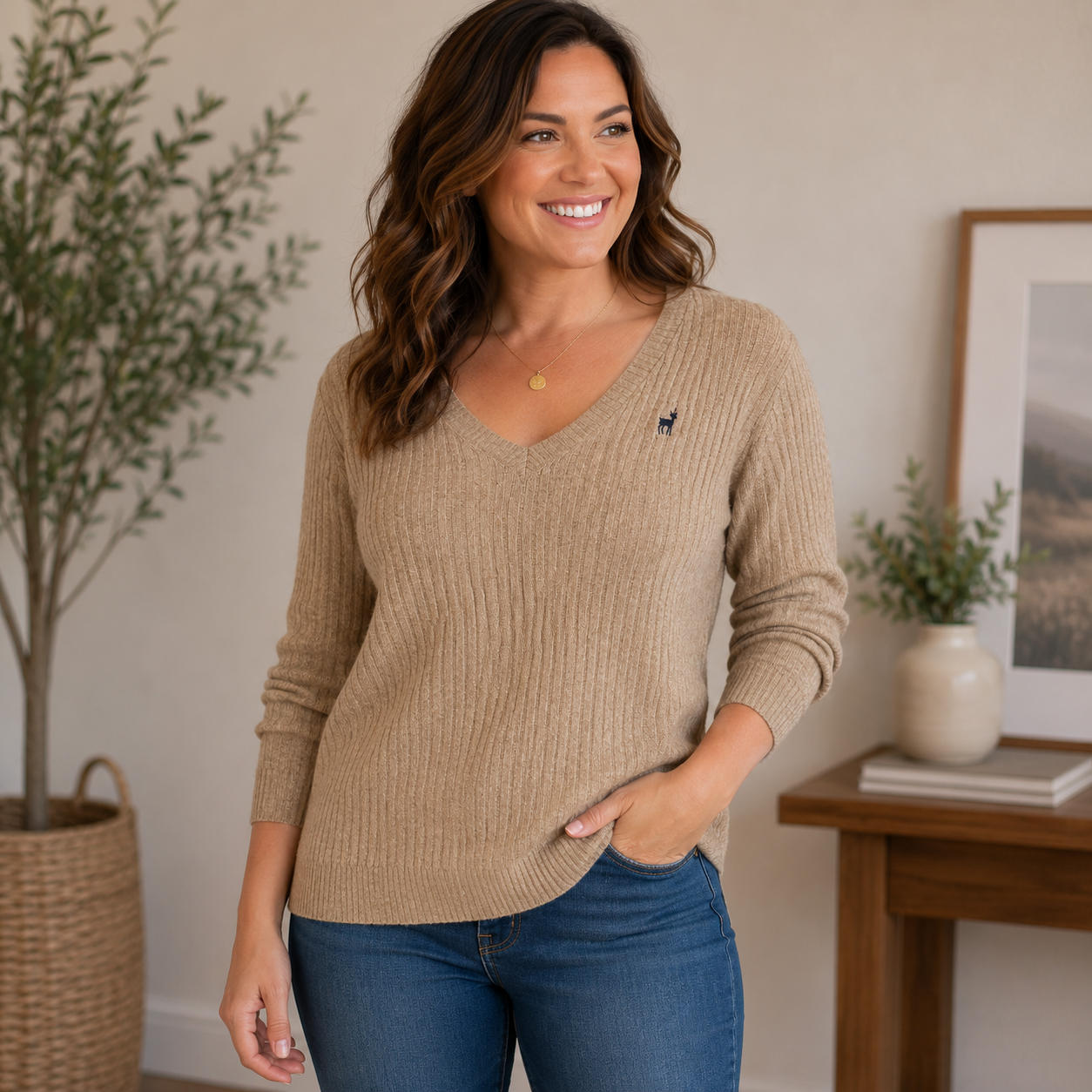Old Navy Beige V-neck Long Sleeve Sweater Women's Medium