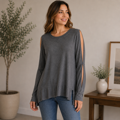 Fashion Gray Cold Shoulder Long Sleeve Blouse Women's Large