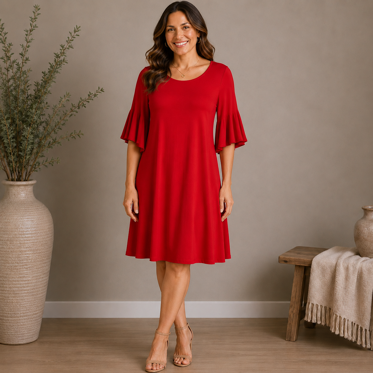 Harlow & Rose Red Long Sleeve Knee- Length Dress Women's Small