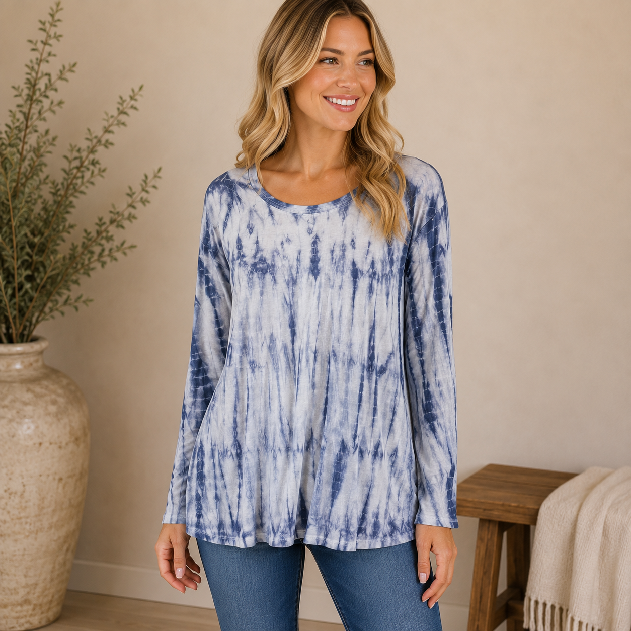 Pure Jill Blue and White Tie-Dye Long Sleeve T-shirt Women's Size Medium