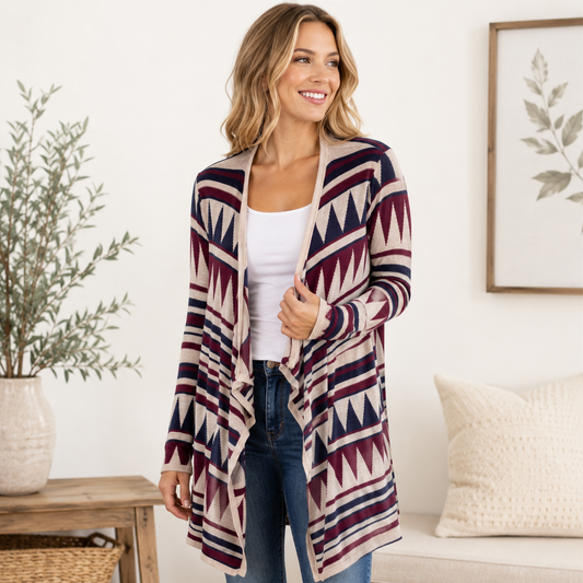 Faded Glory Blue, Red & Beige Long Sleeve Cardigan Women's XL