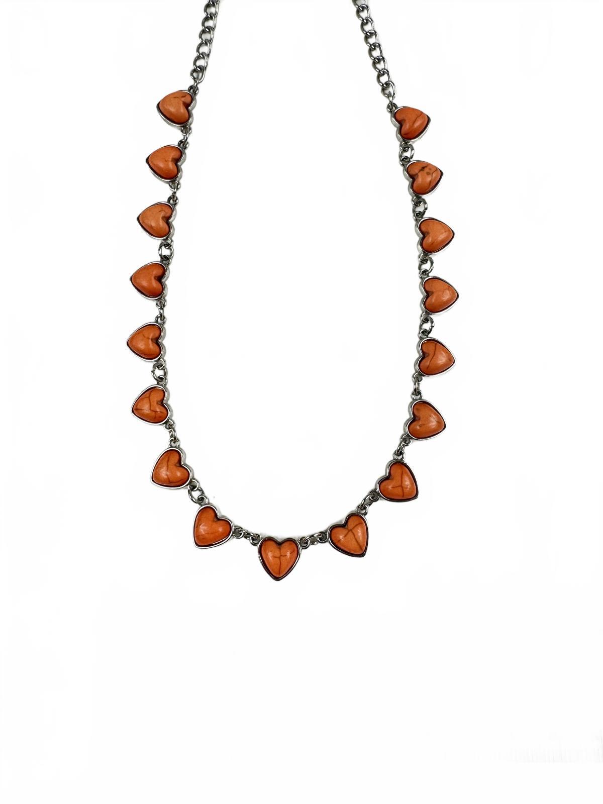 Fashion Jewelry Silver Toned Chain with Orange Heart Stones Women's Necklace